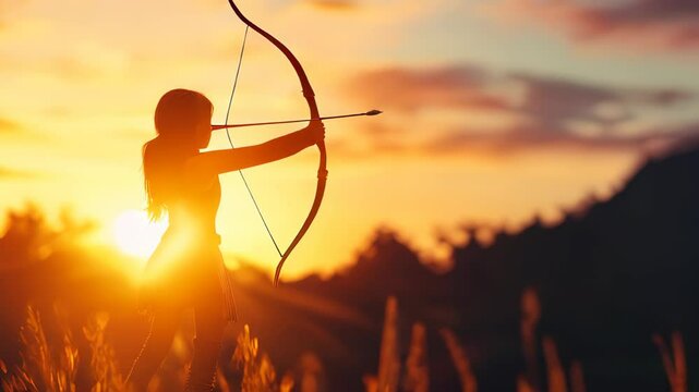 A young archer practicing archery during sunset in a serene outdoor setting