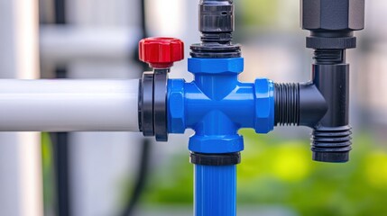 Close-up of a blue valve with a red handle on a plumbing system, showcasing modern plumbing design and functionality.
