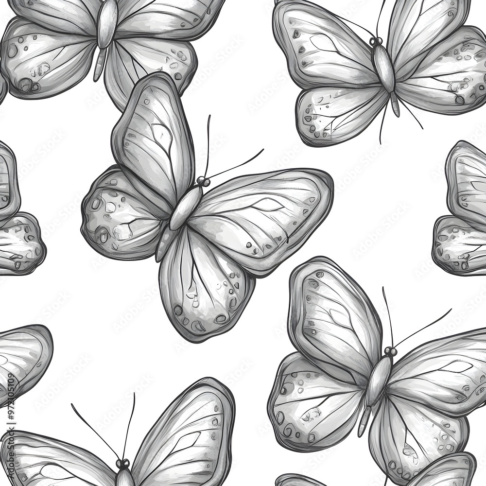 Wall mural black and white butterfly seamless pattern