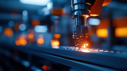 Close-up of an advanced robotic arm performing precision work in a modern industrial environment with glowing effects.