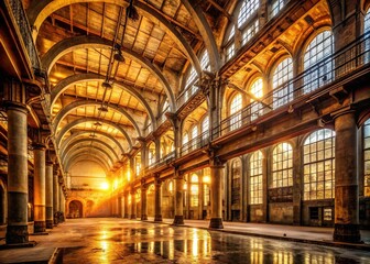 A massive, cavernous space with intricate pipes, concrete structures, and imposing steel supports gleams with a warm, golden light through large arched windows.