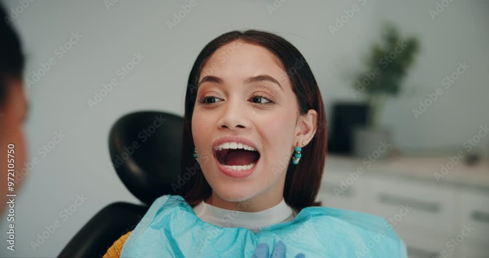 Poster Women, dentist and smile with patient for dental surgery in clinic for teeth whitening and treatment with doctor. Female patient, satisfied and happy on consultation for canal procedure and oral care