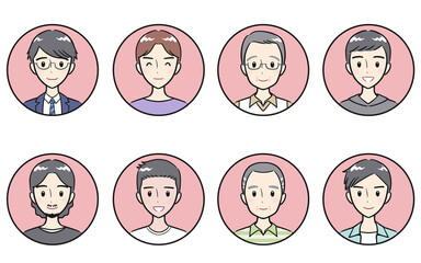 様々な年代の大人男性　ポジティブな表情　丸いアイコンセット　ピンク