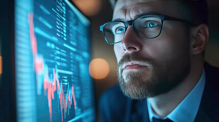 A focused investor studies fluctuating stock market data on a digital screen, analyzing real-time financial trends to make precise investment decisions amid market volatility.