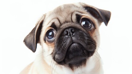 Close-up of a cute pug puppy with big eyes looking up.