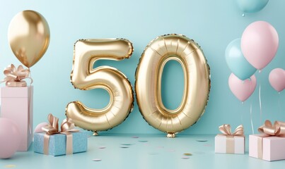 Festive 50th Birthday Celebration with Balloons and Gifts