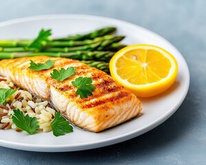 Grilled fish fillet with a side of steamed asparagus and wild rice