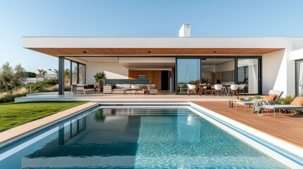 Fototapeta premium Modern Minimalist House in Algarve, Portugal with Pool, Wooden Deck, and Open Living Area with Glass Sliding Doors