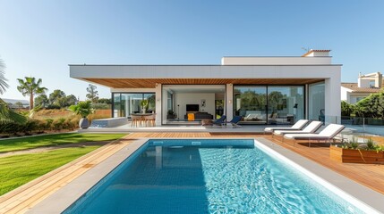 Fototapeta premium Modern Minimalist House in Algarve, Portugal with Pool, Wooden Deck, and Open Living Area with Glass Sliding Doors