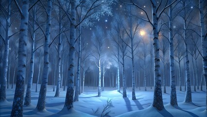 winter birch forest at night