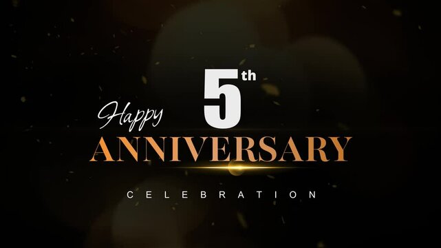 Happy 5th anniversary, Text with white and golden letters and Dark Golden particle Bokeh background