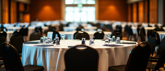 Conference Room Ready: A pristine and well-appointed conference room, with rows of perfectly set tables and chairs, awaits the arrival of attendees. The soft lighting and elegant decor create a welcom