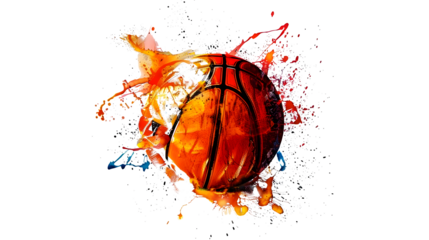 Abstract basketball ball artwork with colorful paint splashes on white background for sports and art theme