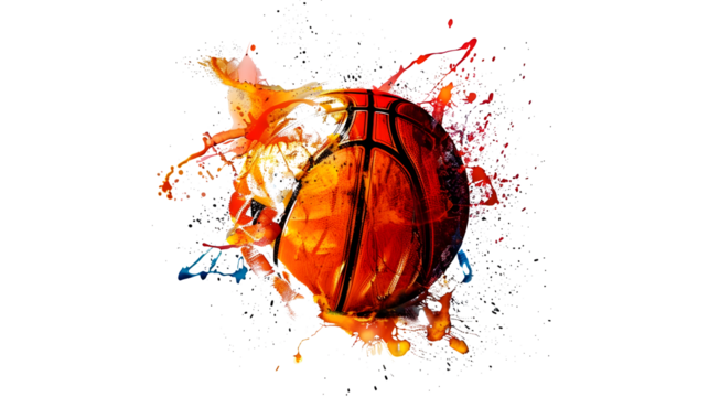 Abstract basketball ball artwork with colorful paint splashes on white background for sports and art theme