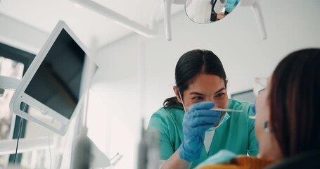 Tools, woman and dentist check teeth for cleaning, oral hygiene or dental wellness. Tooth whitening, orthodontics treatment and patient for healthcare or root canal with mirror or excavator at clinic - Powered by Adobe