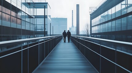 Fototapeta premium Two Silhouettes Walking on a Modern Bridge Connecting Glass Buildings