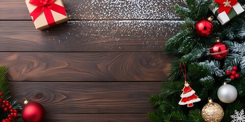 Rustic Wooden Background with Christmas Gifts, Red Ornaments, and Pine Branches
