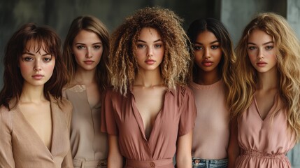 Obraz premium Five diverse women posing confidently with natural hairstyles and neutral-toned outfits.