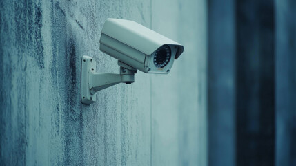 Silent Sentinel: A lone security camera, bathed in cool tones, stands guard against a weathered concrete wall. Its unwavering gaze evokes themes of surveillance, security, and urban vigilance. 