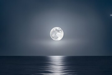Obraz premium Shiny rays of silver light emerging from a glowing full moon over a tranquil ocean, AI Generated