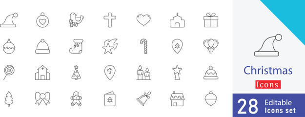 Christmas thin line icon collection set. containing Christmas tree, Santa Claus, snowman, gift box,  candy, merry, holiday and more stroke icons