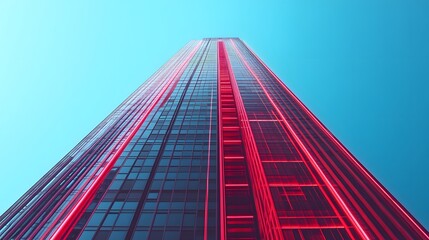 A Skyscraper Illuminated with Red Neon Lights Against a Blue Sky