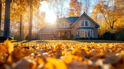 Golden Hour Home: A cozy suburban house glows amidst a vibrant autumn landscape, blanketed in golden leaves with the warm sunlight peeking through the trees. 