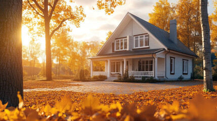 Autumnal Dream Home:  A charming white house with a wraparound porch sits amidst a picturesque autumn landscape, bathed in the warm glow of the setting sun. The vibrant fall foliage and the inviting f
