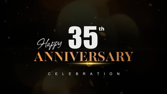 Happy 35th anniversary, Text with white and golden letters and Dark Golden particle Bokeh background