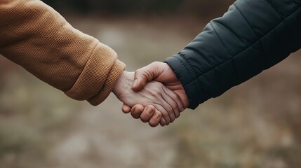 Hand in Hand: A close-up shot of two hands clasped together, symbolizing unity, trust, and connection. The blurred forest background adds a touch of intimacy and suggests a journey shared.  