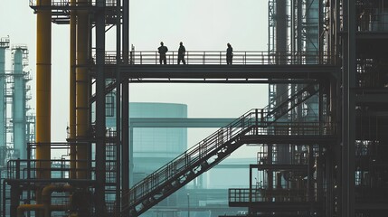 Fototapeta premium Silhouetted Workers on a Platform in an Industrial Complex
