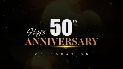 Happy 50th anniversary, Text with white and golden letters and Dark Golden particle Bokeh background