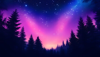 Naklejka premium Vibrant cosmic violet and pink gradient sky with stars above silhouette forest trees.