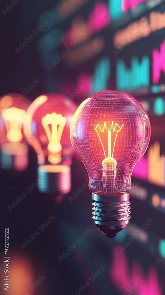 Wall mural glowing light bulb with wireframe abstract background.