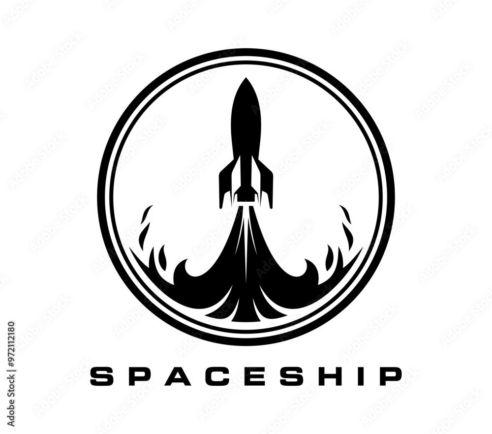 Aufkleber spaceship icon of space rocket on start launch for business or technology company, vector emblem. sp