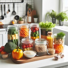 Vibrant food staples in clear containers on a white minimalist kitchen setup

