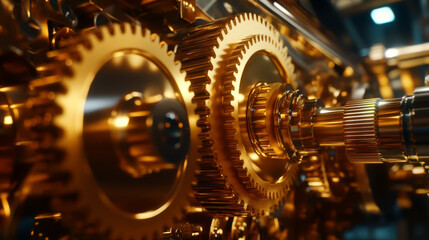 Fototapeta premium Golden Gears of Progress: A mesmerizing close-up of intricately meshed golden gears, capturing the essence of precision, power, and seamless operation. A powerful visual metaphor for industry, innova
