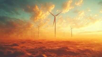 Obraz premium Wind turbines spread across a vast desert landscape, the golden sand contrasting with the sleek white turbines, Watercolor style