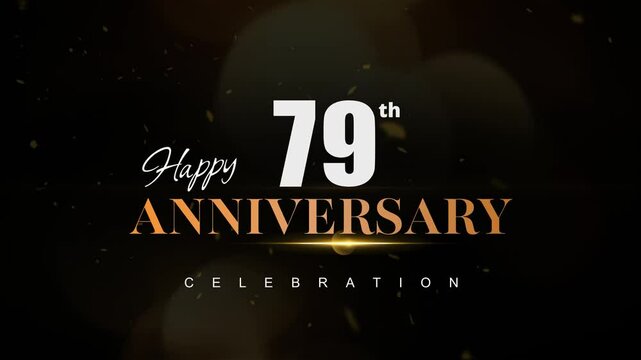 Happy 79th anniversary, Text with white and golden letters and Dark Golden particle Bokeh background