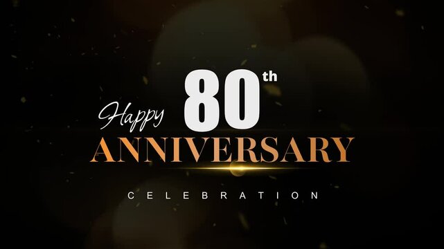 Happy 80th anniversary, Text with white and golden letters and Dark Golden particle Bokeh background
