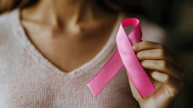 Womans hand gently holding a pink ribbon over her chest to signify breast cancer awareness