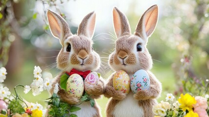 Two Easter bunnies standing side by side holding decorated eggs in a bright spring scene