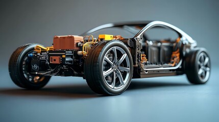 Electric Car Chassis, Exposed Engine and Battery