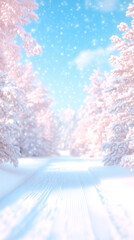 Fototapeta premium A snowy forest with a path through it. The snow is white and the sky is blue
