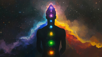 Fototapeta premium Yoga meditation outdoors. Glowing seven all chakra. sits in a Salute pose on beach sunset view, Kundalini energy