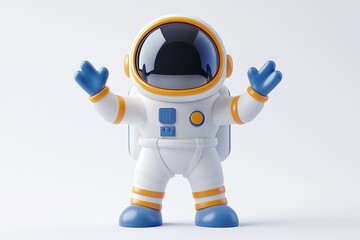 Blue and white astronaut figurine with raised arms and yellow accents. 