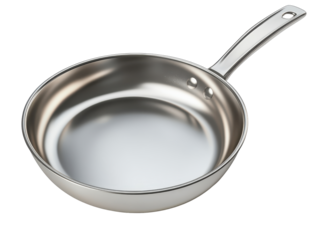 Stainless steel frying pan with handle on a transparent background.