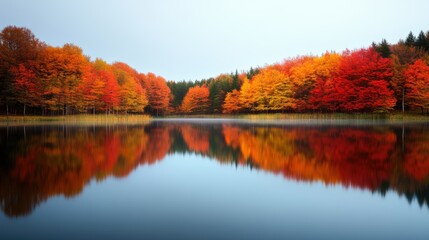 A serene lake reflecting the vibrant colors of fall foliage, creating a mirror like effect, with a calm and peaceful atmosphere.