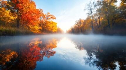 Obraz premium A misty morning scene with a pond reflecting the surrounding fall foliage, creating a soft and ethereal atmosphere.
