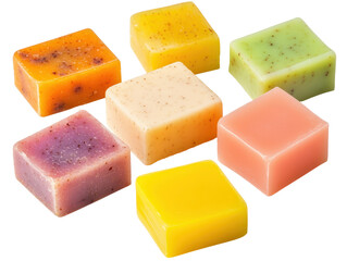 Collection of colourful soap bars on transparent background with copy space for text.